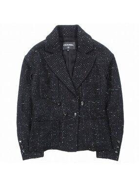 Chanel Tailored Jacket Recent Model Glitter Tweed Double Breasted CC Logo Black